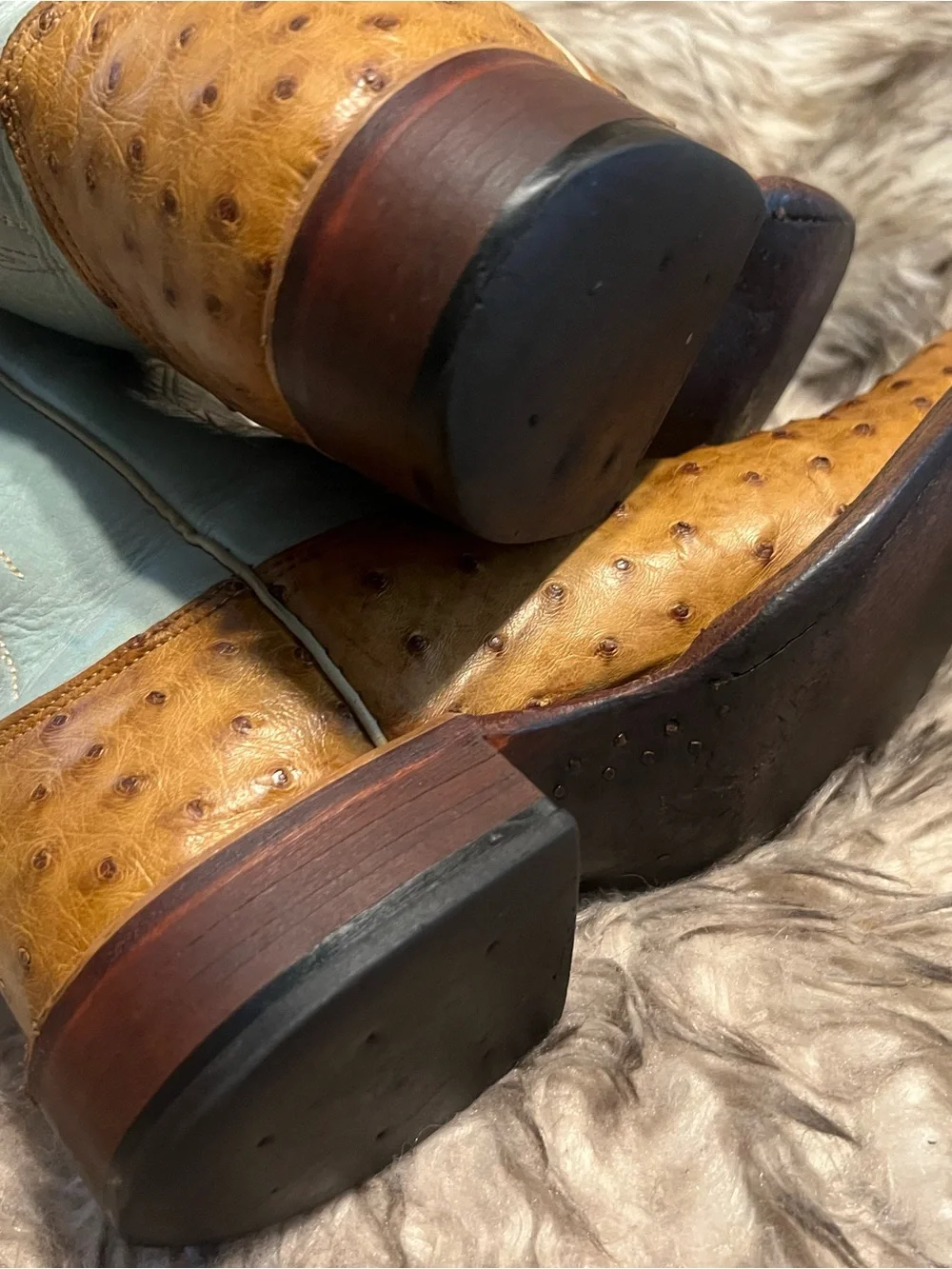 JM Collection Tan Ostrich Leather Western Boots with Light Blue Shaft Sz 8 D
